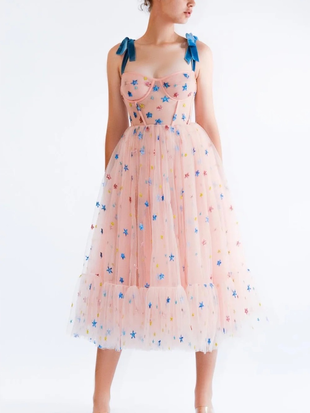 Lirika Matoshi PINK SKY MIDI DRESS with Blue Velvet Ribbon Straps